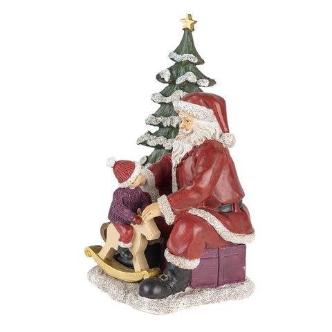 CLAYRE E EEF Figurine Père Noël avec Enfant Sapin de Noël et Cheval à Bascule 16x13x22 cm