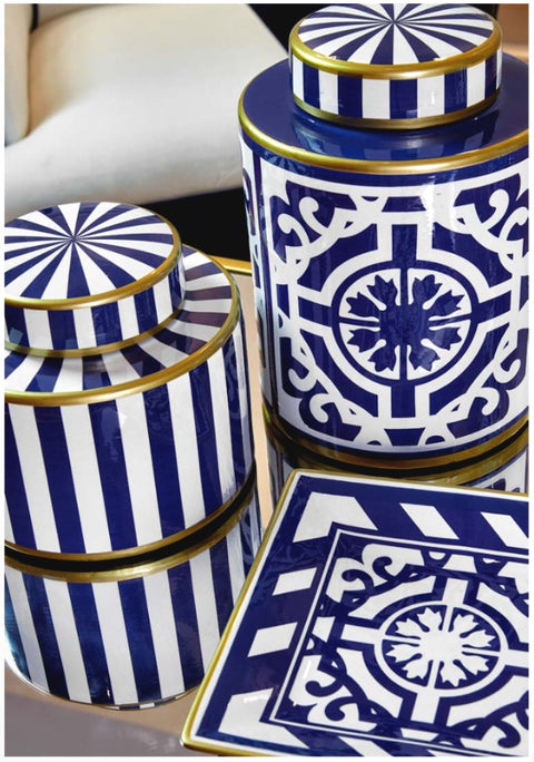 Fade Low potiche vase in striped porcelain "Eros"