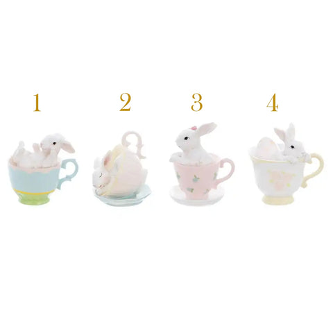 Blanc Mariclò Lapin dans une tasse en porcelaine avec des fleurs, Décoration de Pâques Shabby Chic CORELLI COLLECTION 4 variantes