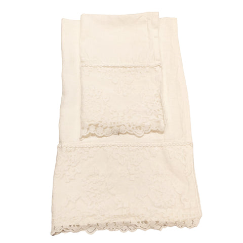 CHEZ MOI Set 2 asciugamani da bagno e Ospite in lino con pizzo "Colette" Made in Italy