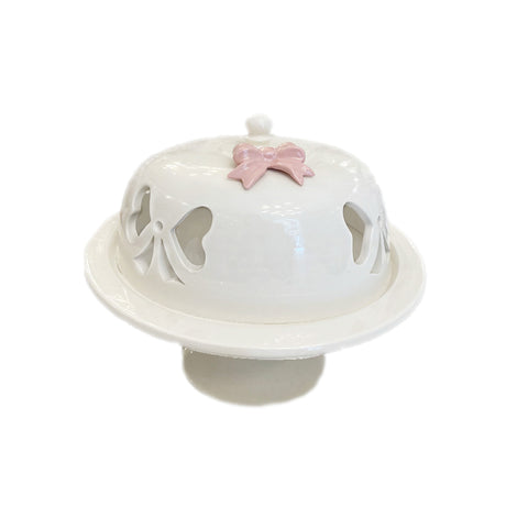 AD REM COLLECTION White porcelain cake stand with pink bow Ø30 h30 cm