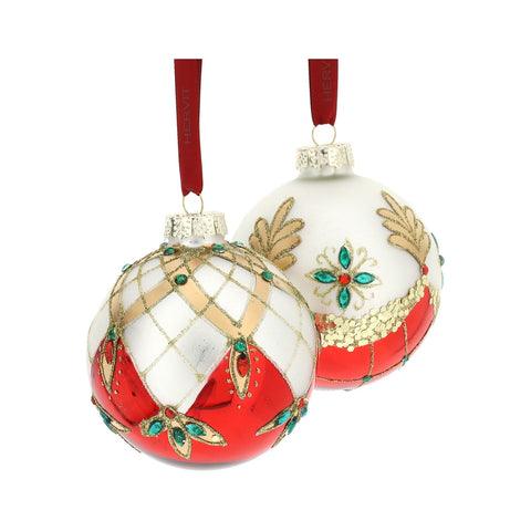 HERVIT Box sfere set 2 palline natalizie per albero vetro rosso e bianco Ø9 cm