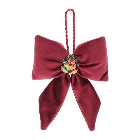 HERVIT Christmas bow with bell brooch to hang in red velvet 14x18cm