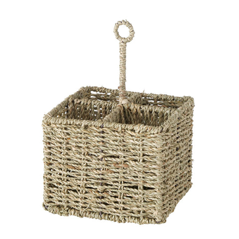 Boltze Square Hanging Wicker Bottle Holder Basket, 4 Compartment Storage Basket Made of Seaweed Wood and Iron, Natural Material "ELSTRA", Country Vintage