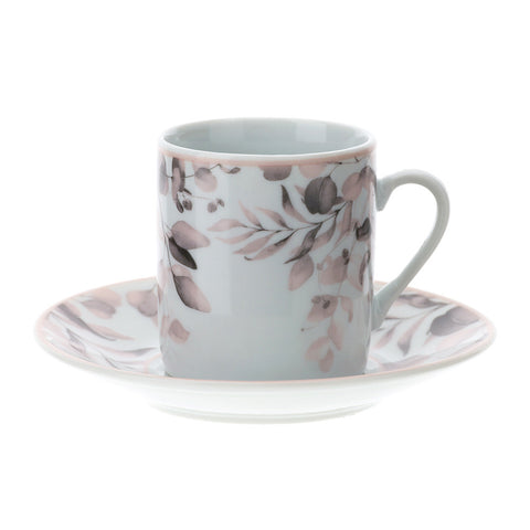 HERVIT Set of two coffee cups with pink saucer in Botanic porcelain Ø9x5 cm