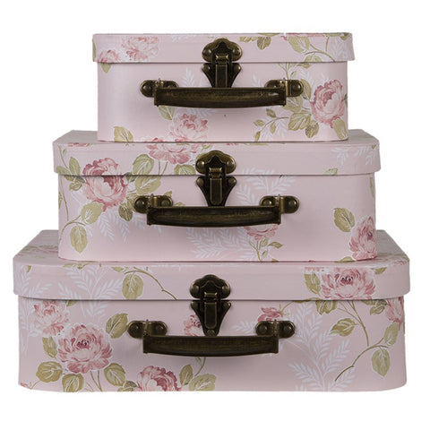 Clayre &amp; Eef Set of 3 rectangular pink cardboard trunks with flowers