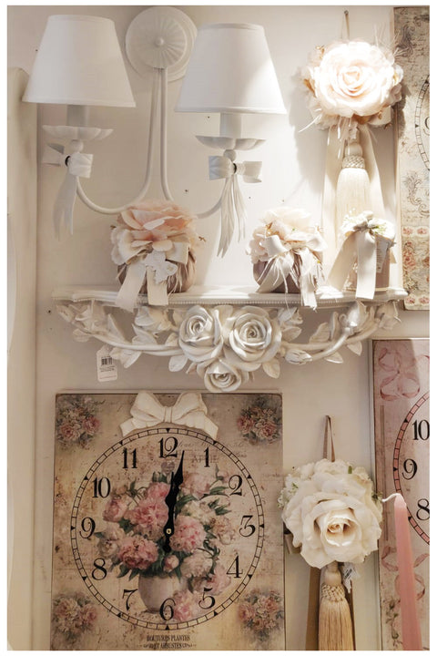 L'arte di Nacchi Wall shelf with roses and flowers in relief in white resin, Vintage Shabby Chic 15x50xh15 cm