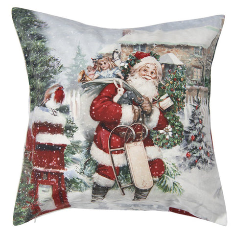 Clayre &amp; Eef White Christmas cushion cover with Santa Claus square in polyester 45x45 cm
