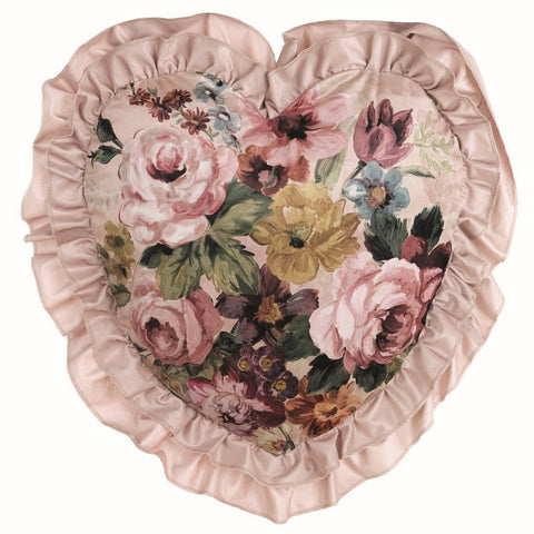 BLANC MARICLO' Velvet heart cushion with FRESCO frill with pink flowers 45x45 cm