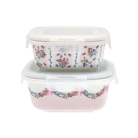 GREENGATE Set of 2 food container boxes MAYA with pink plastic flowers