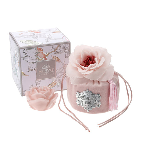 HERVIT Velvet covered bucket with candle and mauve rose flower 10x10,5 cm