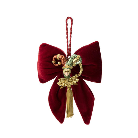 HERVIT Bow with jester Christmas decoration to hang in red velvet 14x18 cm