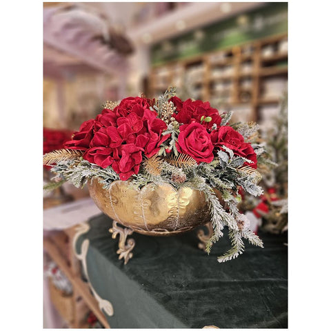 Fiori di Lena Coppa grande in metallo oro anticato con ortensie e rose Made in Italy