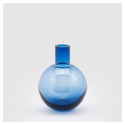 EDG Enzo de Gasperi Small round sphere vase with blue glossy glass neck, for flowers or plants, modern style