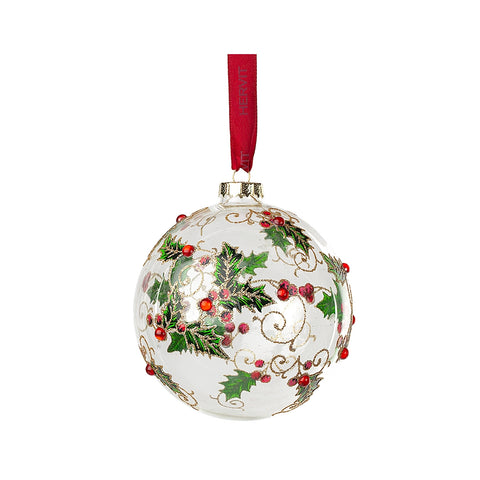 HERVIT Box 2 sfere palline natalizie albero con agrifoglio vetro bianco Ø10 cm