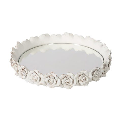 COCCOLE DI CASA Round ivory round tray with mirror, decorated with Shabby Chic vintage antique effect polyresin roses D.34XH.5 CM