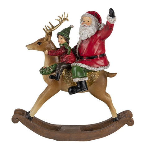CLAYRE E EEF Statua Babbo Natale con bambino su renna a dondolo 20x7x22 cm