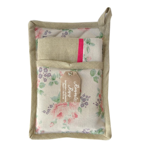 CLOUDS OF FABRIC ROMANTIC ROSES pot holder and tea towel set beige cotton with flowers