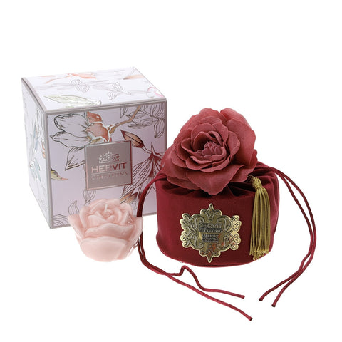 HERVIT Bucket covered in velvet with candle and bordeaux flower 10x10.5 cm