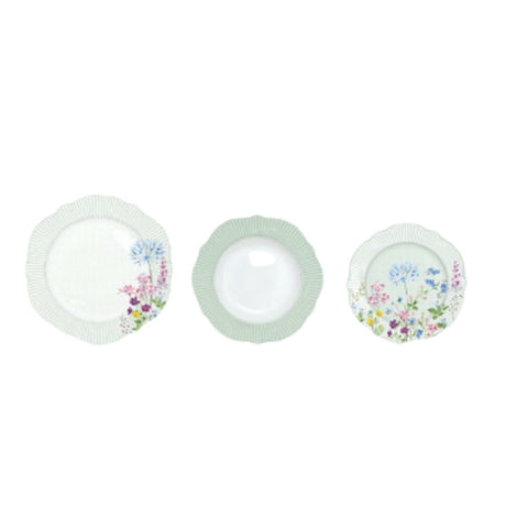 EASY LIFE Set 18 porcelain plates with green FLORAISON flowers Ø 26/ 23/ 20cm