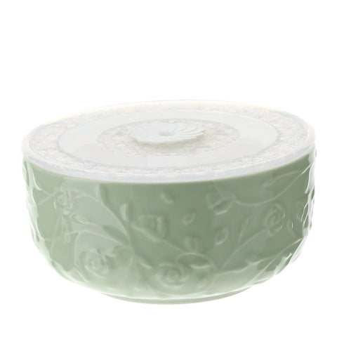 HERVIT Porcelain container with airtight closure with green roses Ø13x7 cm