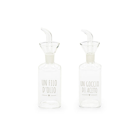 FABRIC CLOUDS Oil and vinegar set in borosilicate glass with phrase 5,1x17 cm