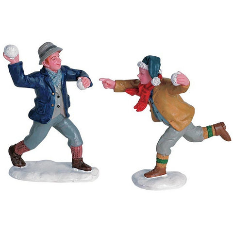 LEMAX Set 2 figurines bataille de boules de neige pour village de Noël polyrésine