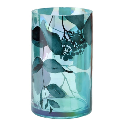 Hervit Vaso Botanic vetro verde con decori foglie + scatola in regalo 12xh20 cm