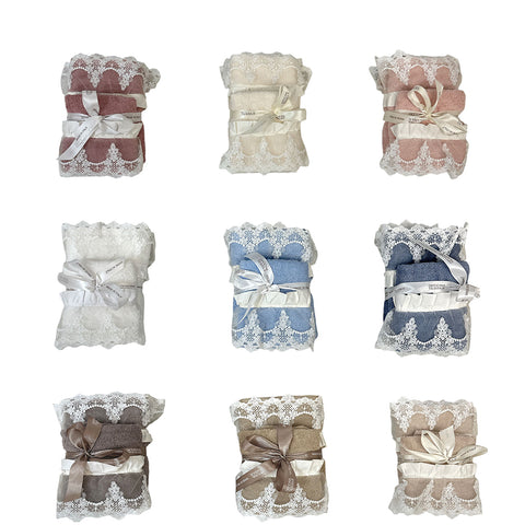 OFFICINA TESSILE Set coppia asciugamani spugna pizzo ricamato 9 varianti colore