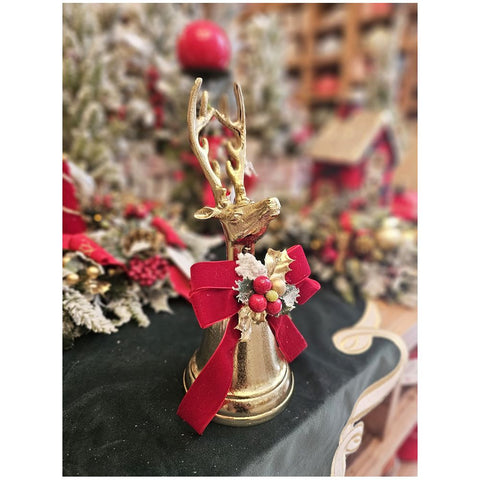 Lena's Flowers Large gold resin deer bell with bow