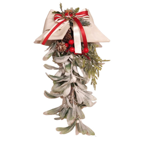 FIORI DI LENA White velvet bow decoration with brooch and pendant mistletoe to hang 15x35 cm