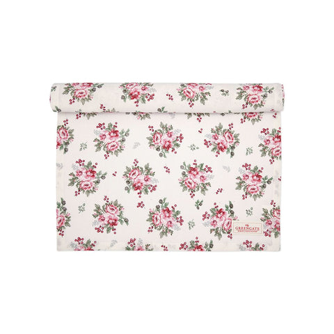 GREENGATE Chemin de table CHARLINE en coton blanc fleurs roses 45x140 cm