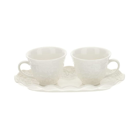 HERVIT Set 2 tazzine caffè con vassoio tete a tete a fiori porcellana 19x9 cm