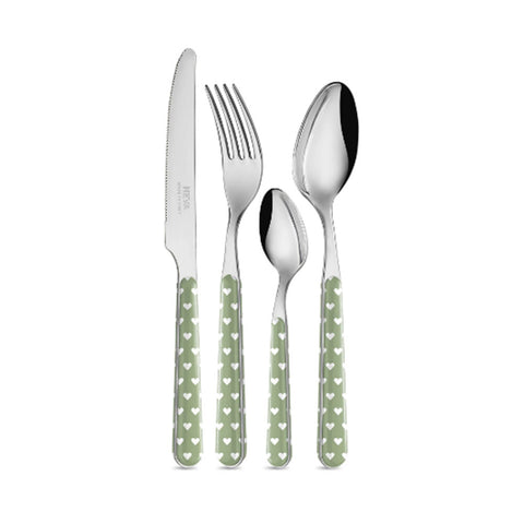 NEVA CUTLERY 24-piece steel cutlery set with sage green and white hearts decoration