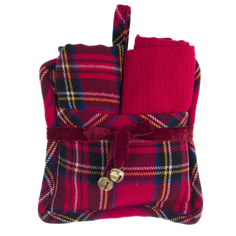BLANC MARICLO' Pot holder set + 2 Scottish red cotton Christmas tea towels