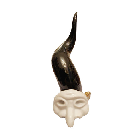 SBORDONE Corno portafortuna nero con maschera di pulcinella bianca H9 cm