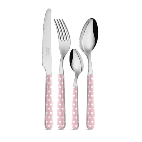 NEVA CUTLERY 24-piece steel cutlery set with pink and white hearts decoration
