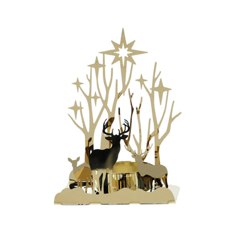 HERVIT Christmas candle holder with openwork deer in chromed gold metal 10X8.5X14cm