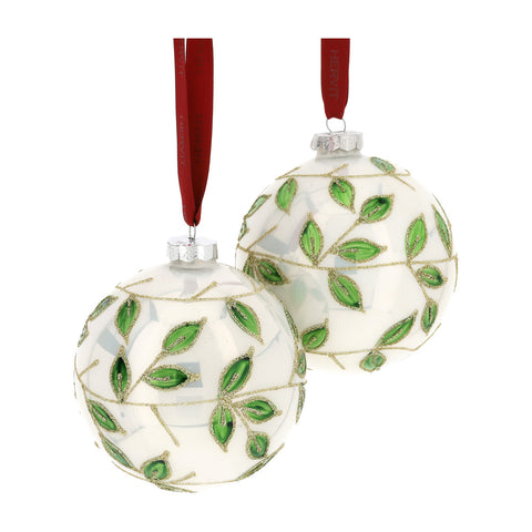 HERVIT Christmas decoration Box 2 white and green blown glass tree balls Ø10cm