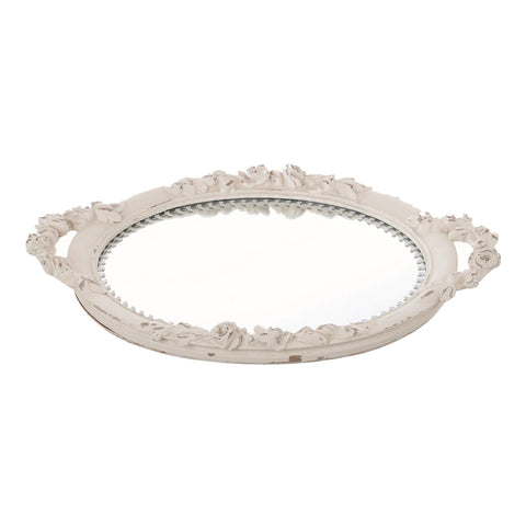 BLANC MARICLO' Vintage white resin tray with handles and mirror 45,5x29,5x3cm