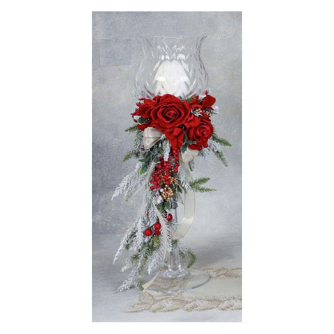 Fiori di Lena Bougeoir en verre avec roses rouges, pin et baies H60 cm