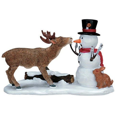 Figurine LEMAX bonhomme de neige avec renne pour village de Noël polyrésine H6.5