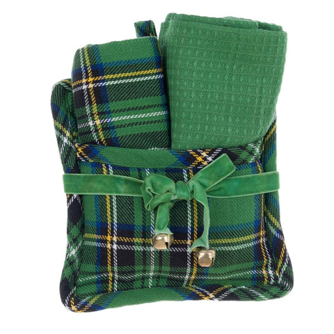 BLANC MARICLO' Pot holder set + 2 Scottish green cotton Christmas tea towels