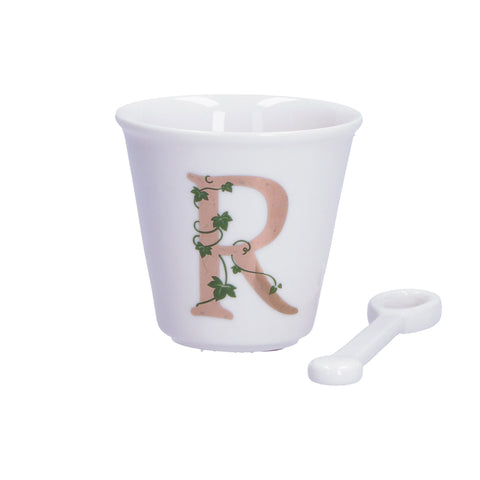 WHITE PORCELAIN Set coffee cup + initial R pink spoon 75 cc