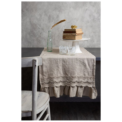 OPIFICIO DEI SOGNI Linen kitchen table runner with ruches and san gallo lace Made in Italy