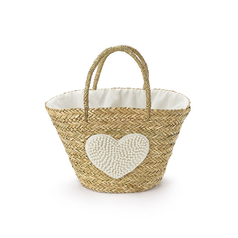FABRIC CLOUDS Beige NAUTILUS straw beach bag with heart 58x30 cm