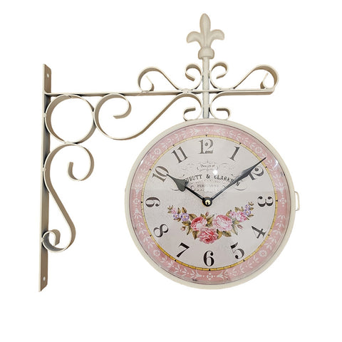 L'arte di Nacchi Ivory train station wall clock with metal lily and roses, vintage Shabby Chic
