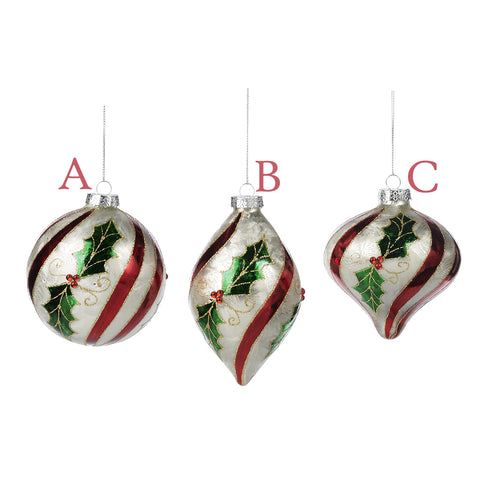 GOODWILL Christmas ball decoration for tree in white glass with holly 11,5cm 3 variants (1pc)