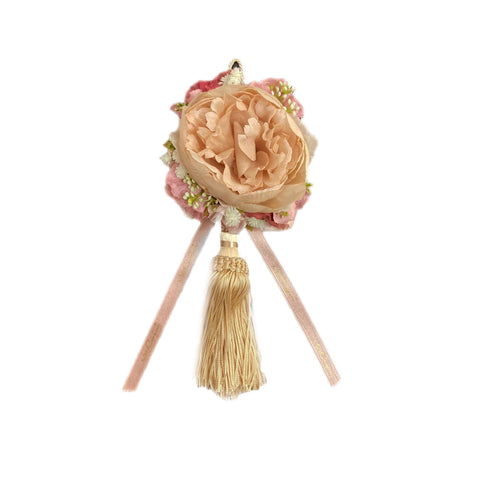 MATA CREATIONS Grand pompon parfumé décor floral pivoine rose et ivoire H25cm