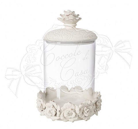COCCOLE DI CASA Bonbon holder potiche in glass and cream polyresin with roses antique effect vintage Shabby Chic D19xH30 cm